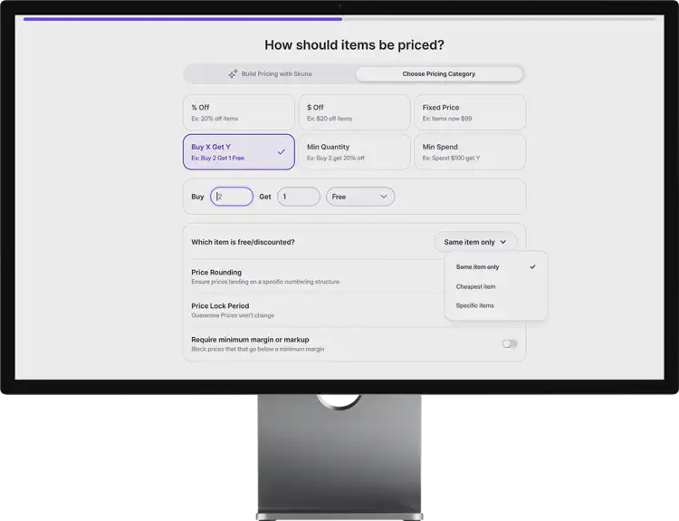 Skuno's Retail Management app showing setup screen for creating a new retail pricing rule with Buy One, Get One Free discount type.