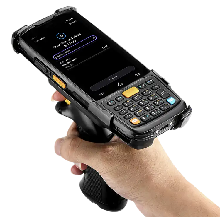 Close-up photo of Android warehouse mobile barcode scanner showing Skuno WMS interface on touchscreen.