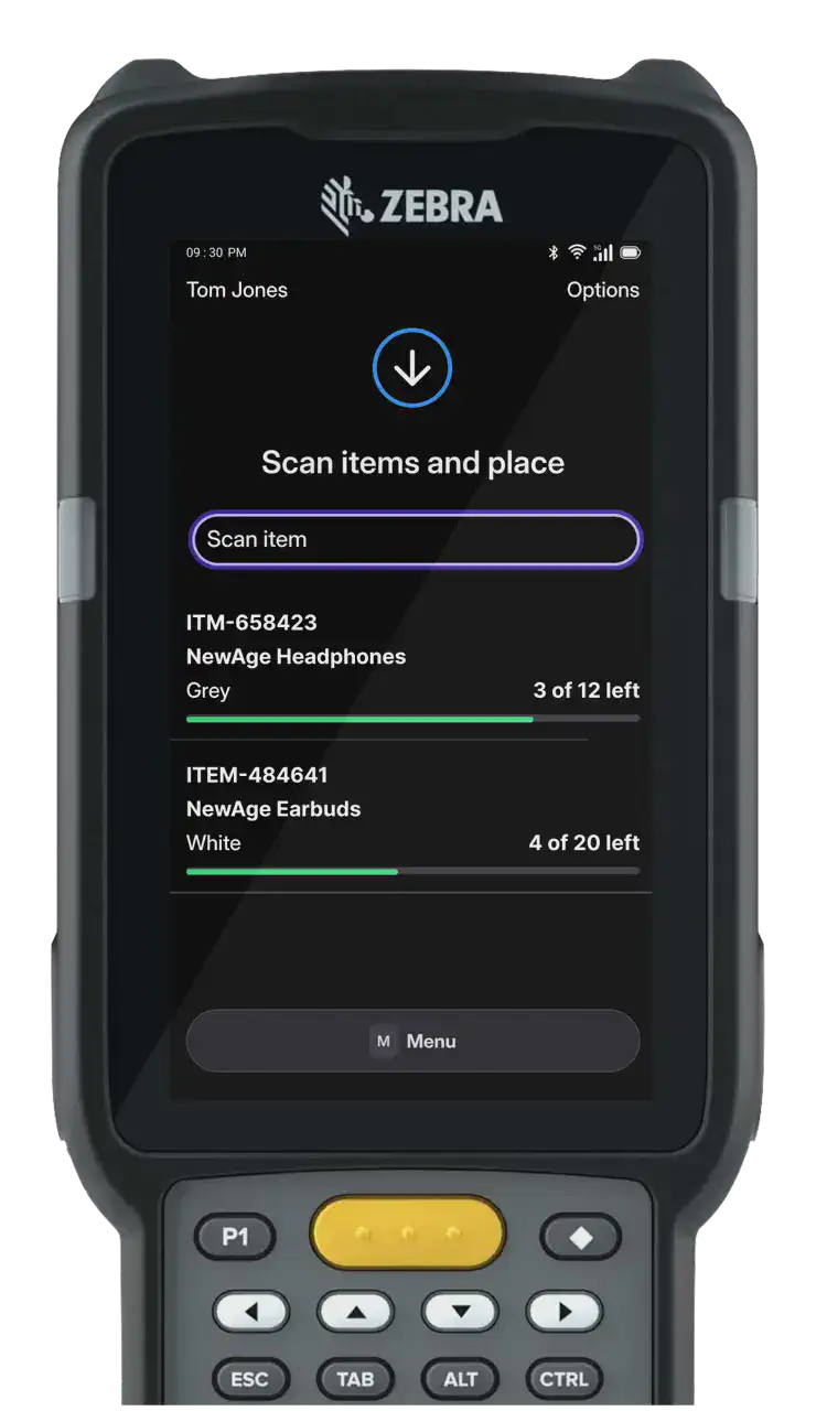 Skuno's mobile WMS interface running on a Zebra handheld device, showing a task to place multiple items into a bin.